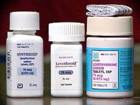 Three different bottles of synthetic T4 thyroid medication